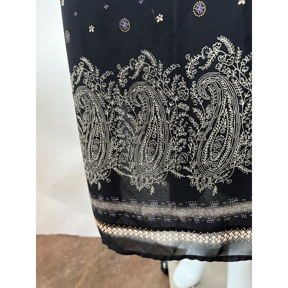Vintage Black Midi Skirt sz 10  With Paisley & Floral Print Side Slit Button Clo - Picture 4 of 15